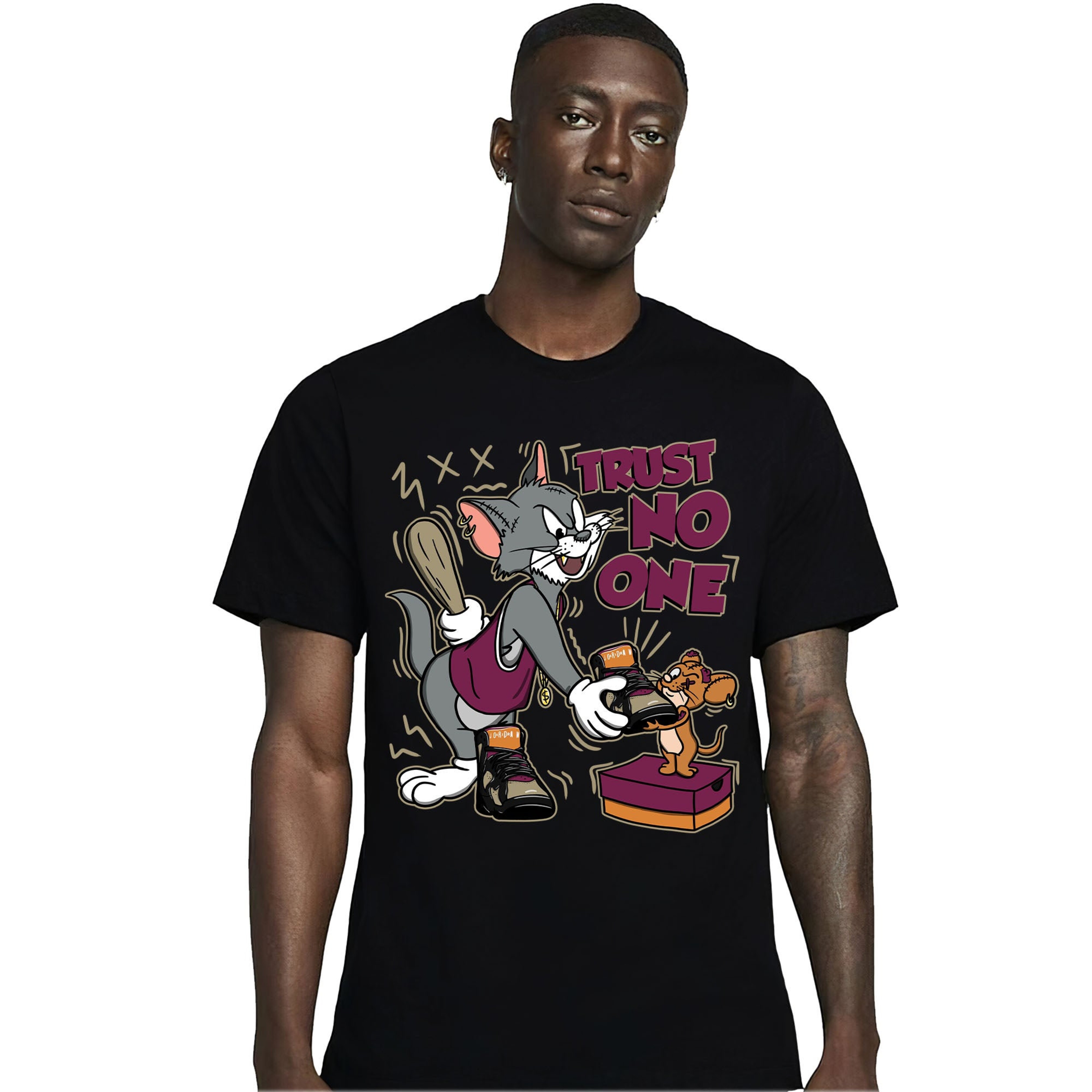 Jordan 7 Black Olive Cherrywood Unisex Shirt Trust No One Cat And Mouse, Shirt To Match Sneaker