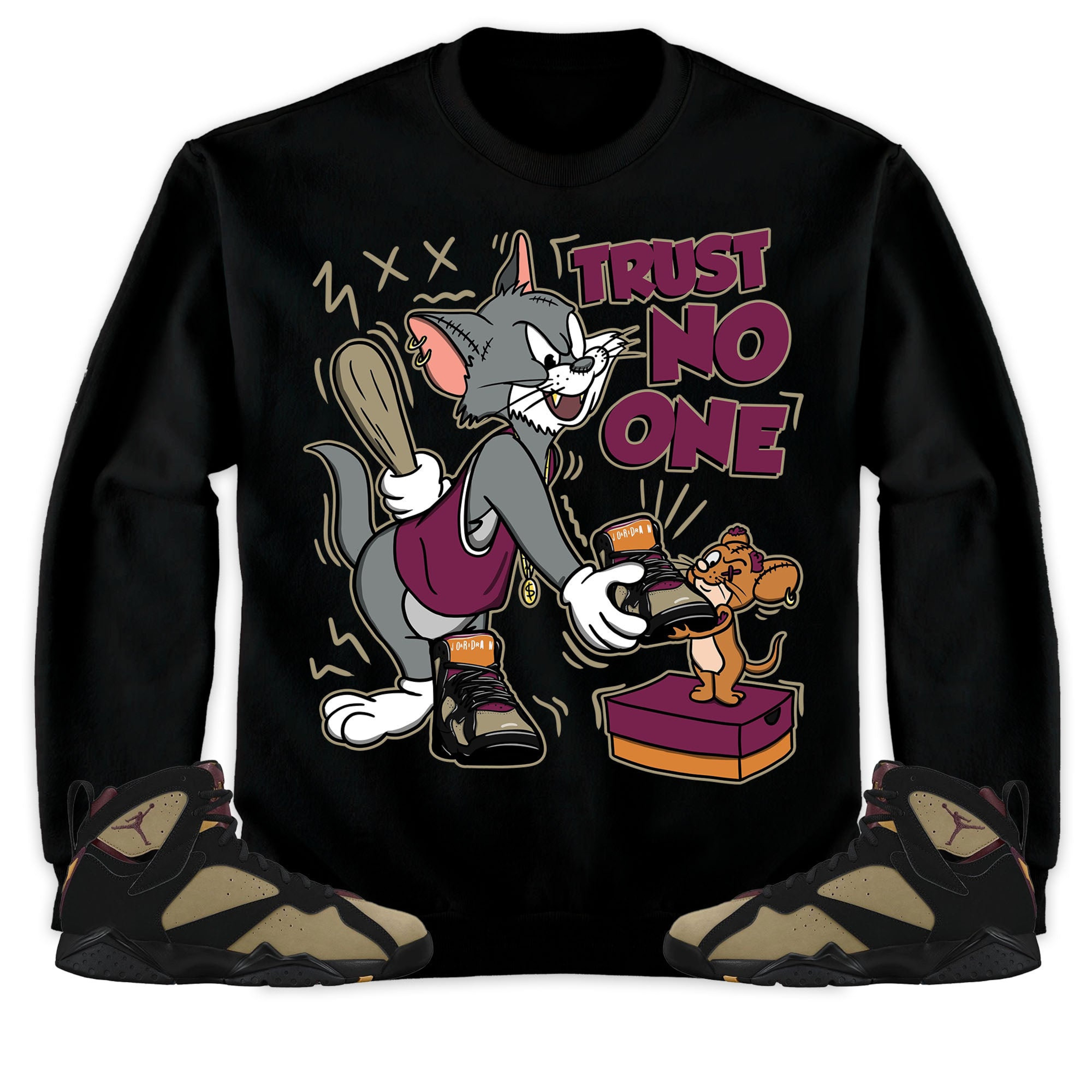 Jordan 7 Black Olive Cherrywood Unisex Shirt Trust No One Cat And Mouse, Shirt To Match Sneaker