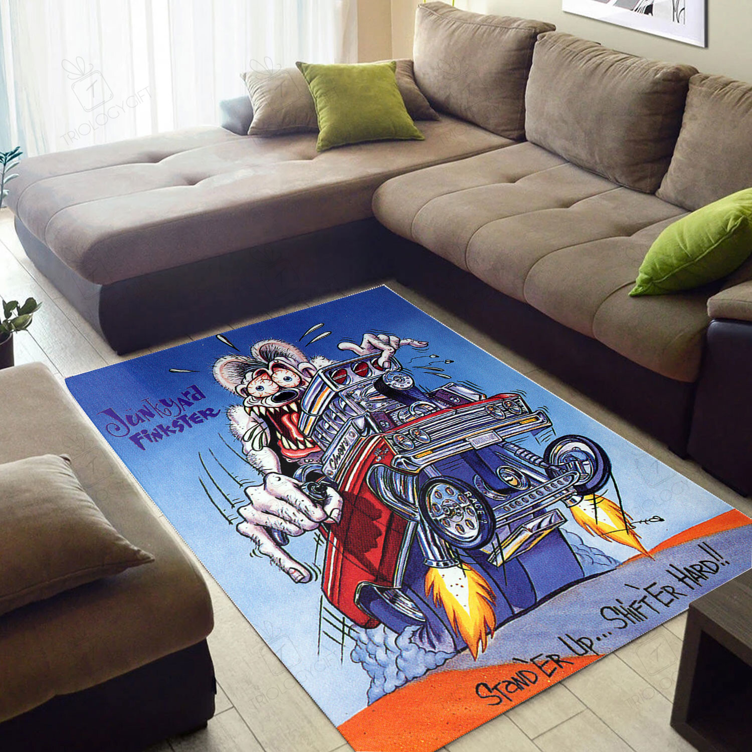 Junkyard Finkster Rat Fink Rug Hot Rod Rug for Garage Bluefink
