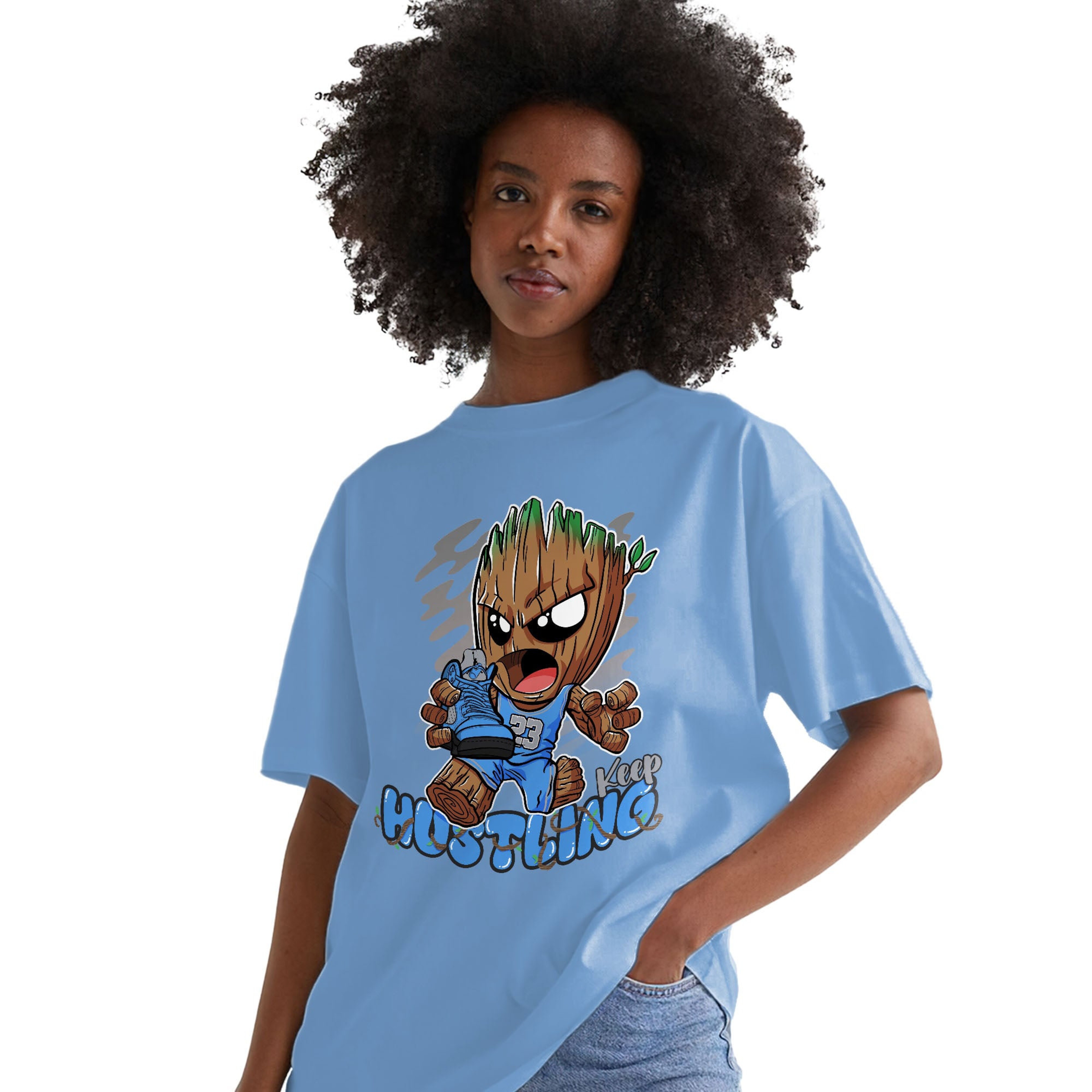 Keep Hustling Groot Shirt Match Jordan 5 University Blue Shirt In Color Carolina Blue