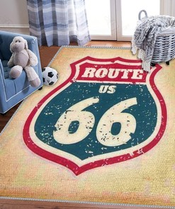 Kids Play Area Rug Route 66 Highway Road Sign Grunge Typography 3D Carpet for Home Decoration