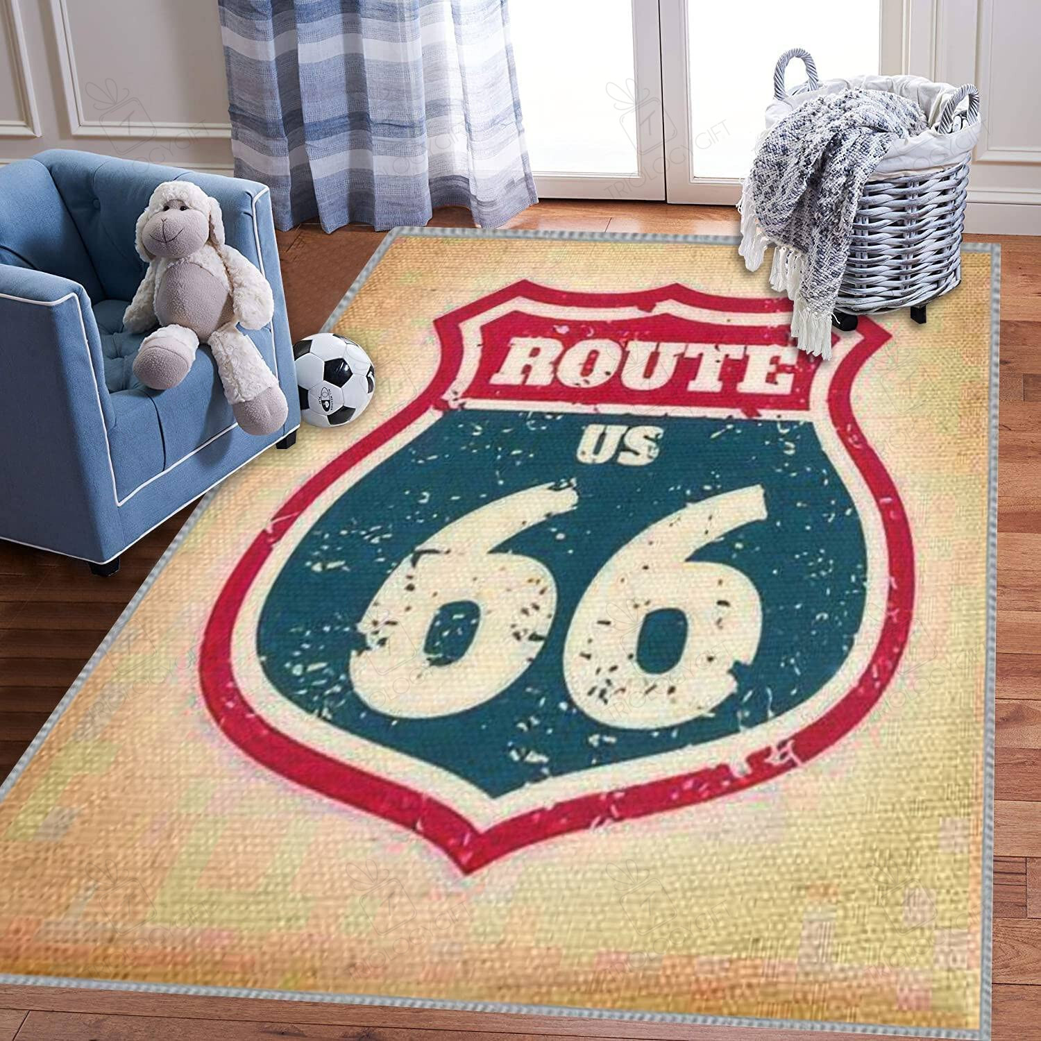 Kids Play Area Rug Route 66 Highway Road Sign Grunge Typography 3D Carpet for Home Decoration