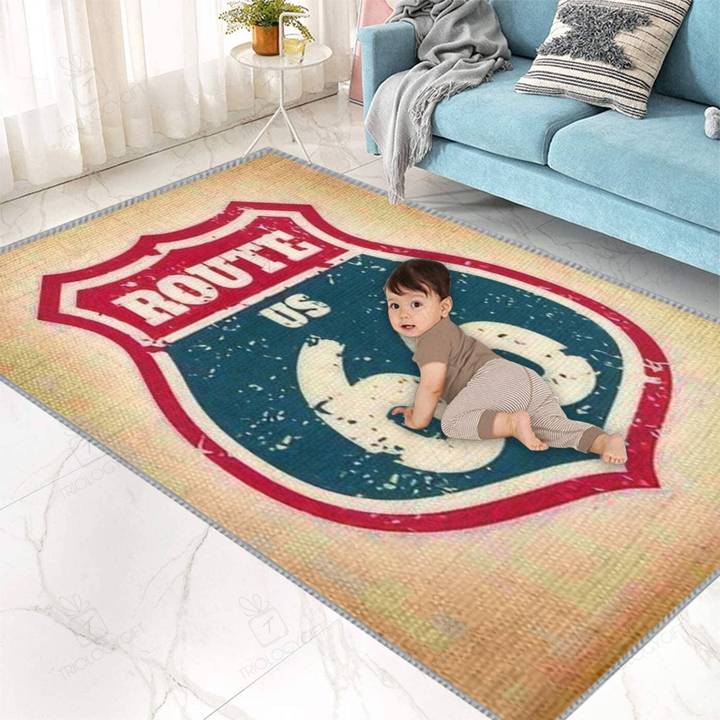 Kids Play Area Rug Route 66 Highway Road Sign Grunge Typography 3D Carpet for Home Decoration