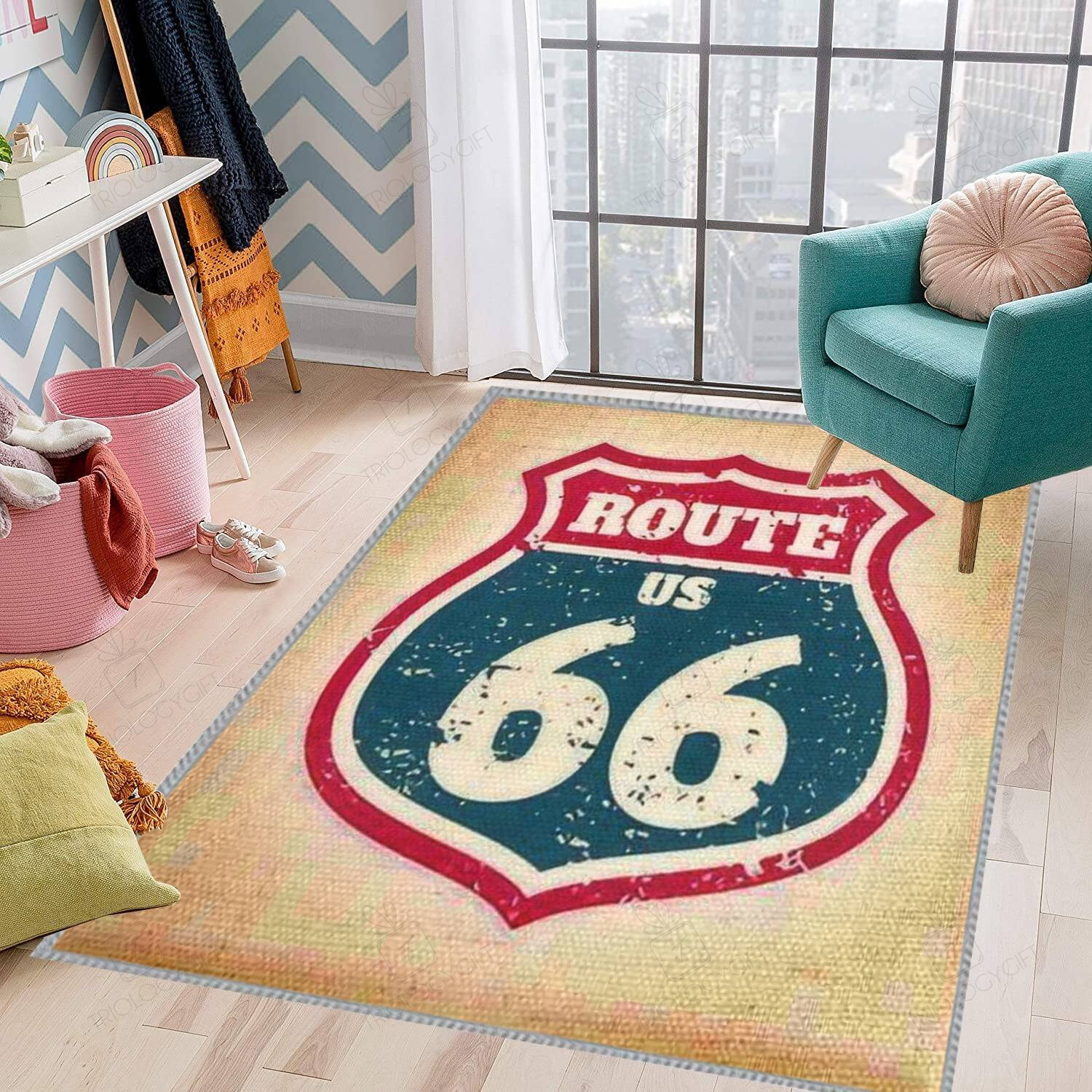 Kids Play Area Rug Route 66 Highway Road Sign Grunge Typography 3D Carpet for Home Decoration
