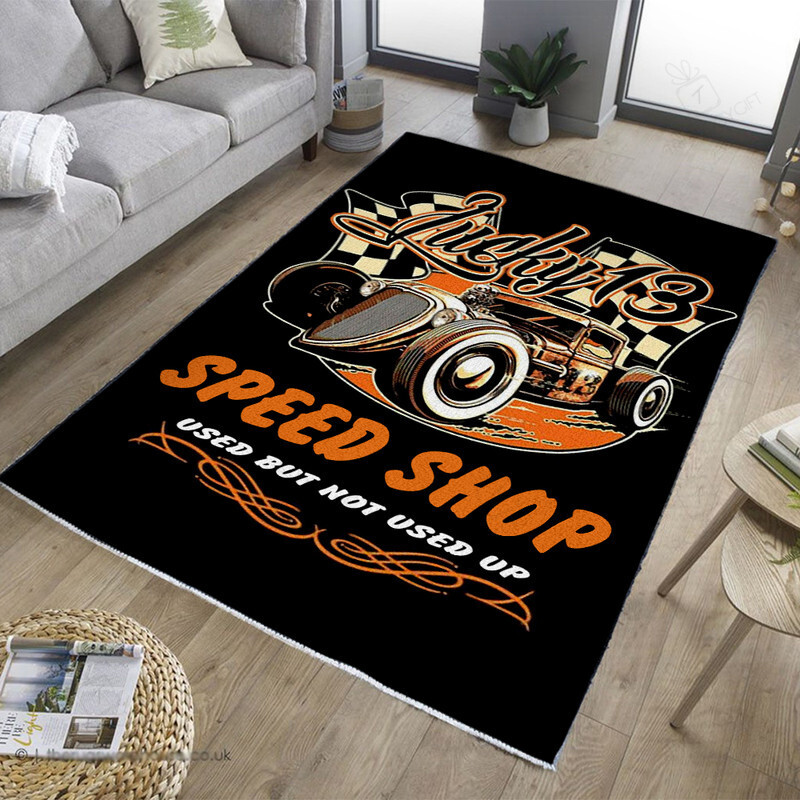 Lucky 13 Speed Shop Hot Rod Rat Rod Rug for Garage Decoration