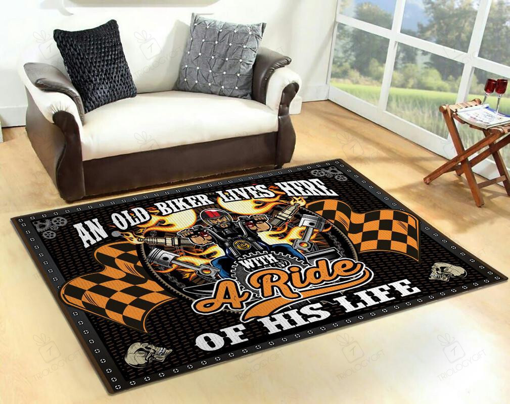 Old Biker Lives Here With The Ride Of His Life Motorcycle Rug for Home Decoration