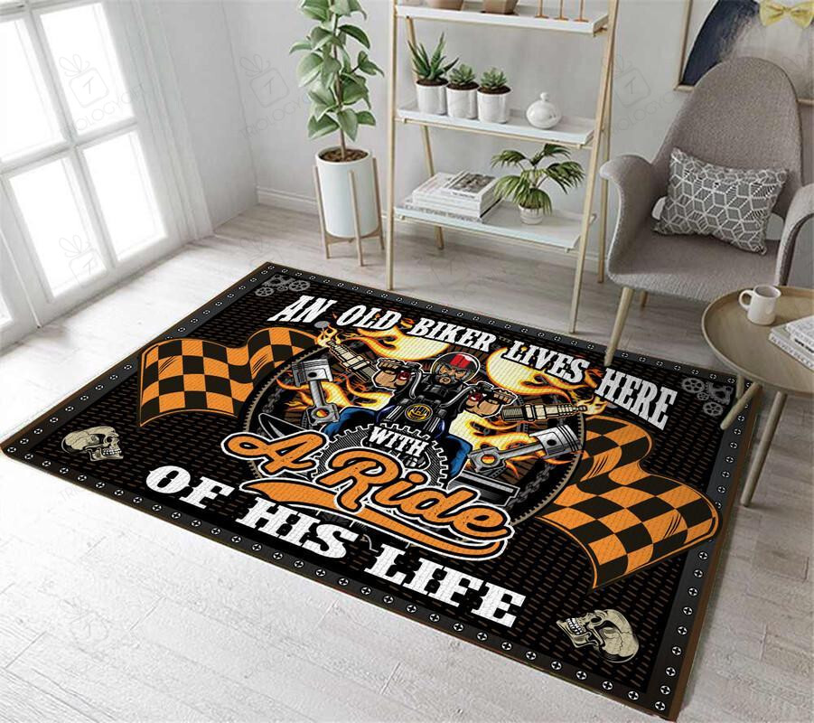 Old Biker Lives Here With The Ride Of His Life Motorcycle Rug for Home Decoration