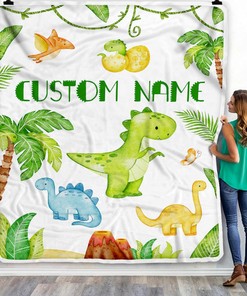 Personalized Baby Blanket With Name Custom For Baby Boy Cute Dinosaur Newborn Children Kids Son Grandson Nephew Birthday Christmas Customized Fleece Blanket