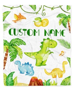 Personalized Baby Blanket With Name Custom For Baby Boy Cute Dinosaur Newborn Children Kids Son Grandson Nephew Birthday Christmas Customized Fleece Blanket