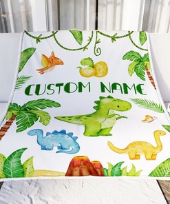 Personalized Baby Blanket With Name Custom For Baby Boy Cute Dinosaur Newborn Children Kids Son Grandson Nephew Birthday Christmas Customized Fleece Blanket