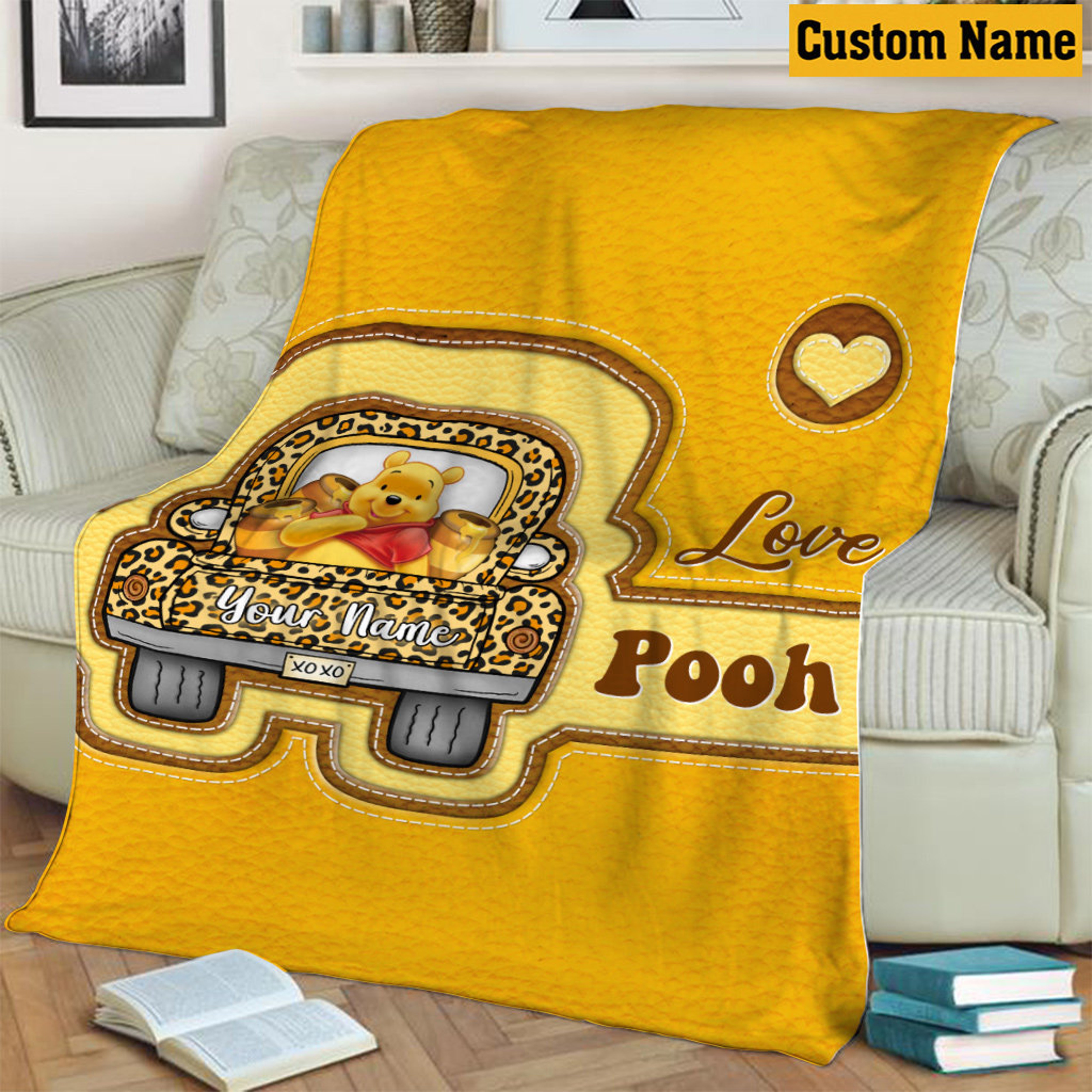 Personalized Baby Boy Quilt Blanket, Winnie the Pooh Design, Pooh Car Baby Shower Gift, Custom Name Blanket, Baby Birthday Gift