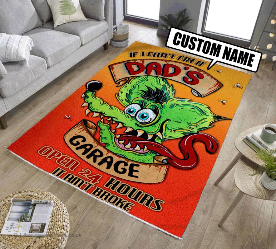 Personalized Dad Garage Rat Fink Rug Hot Rod Rug for Garage - Bluefink