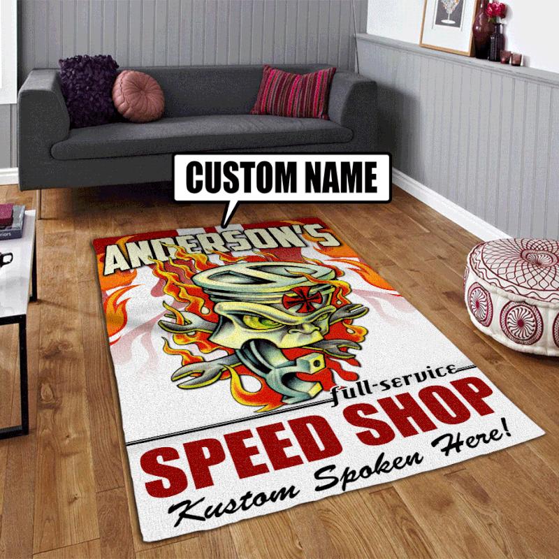 Personalized Flaming Piston Hot Rod Rug for Unique Home Decor