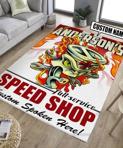 Personalized Flaming Piston Hot Rod Rug for Unique Home Decor