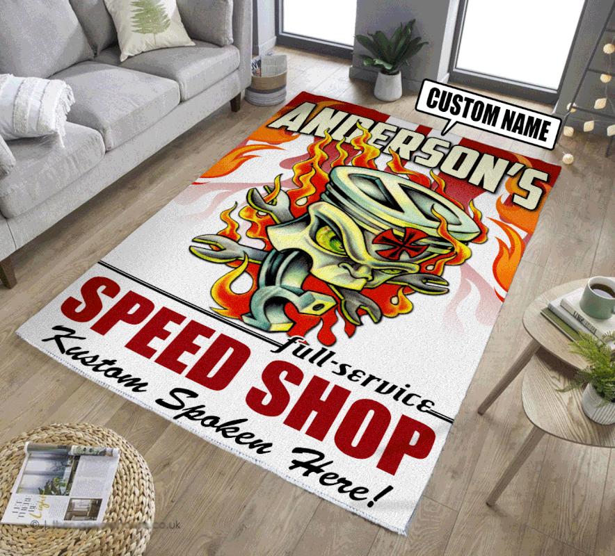 Personalized Flaming Piston Hot Rod Rug for Unique Home Decor