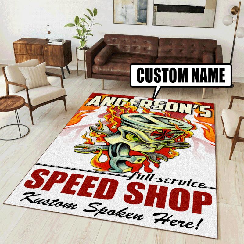 Personalized Flaming Piston Hot Rod Rug for Unique Home Decor