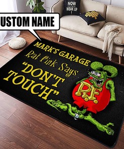 Personalized Garage Rat Fink Says Rug Hot Rod Rug for Garage