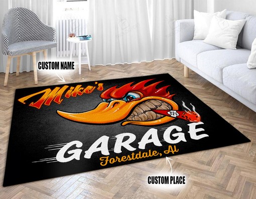Personalized Hot Rod Garage Woodpecker Area Rug for Garage