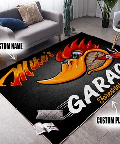 Personalized Hot Rod Garage Woodpecker Area Rug for Garage