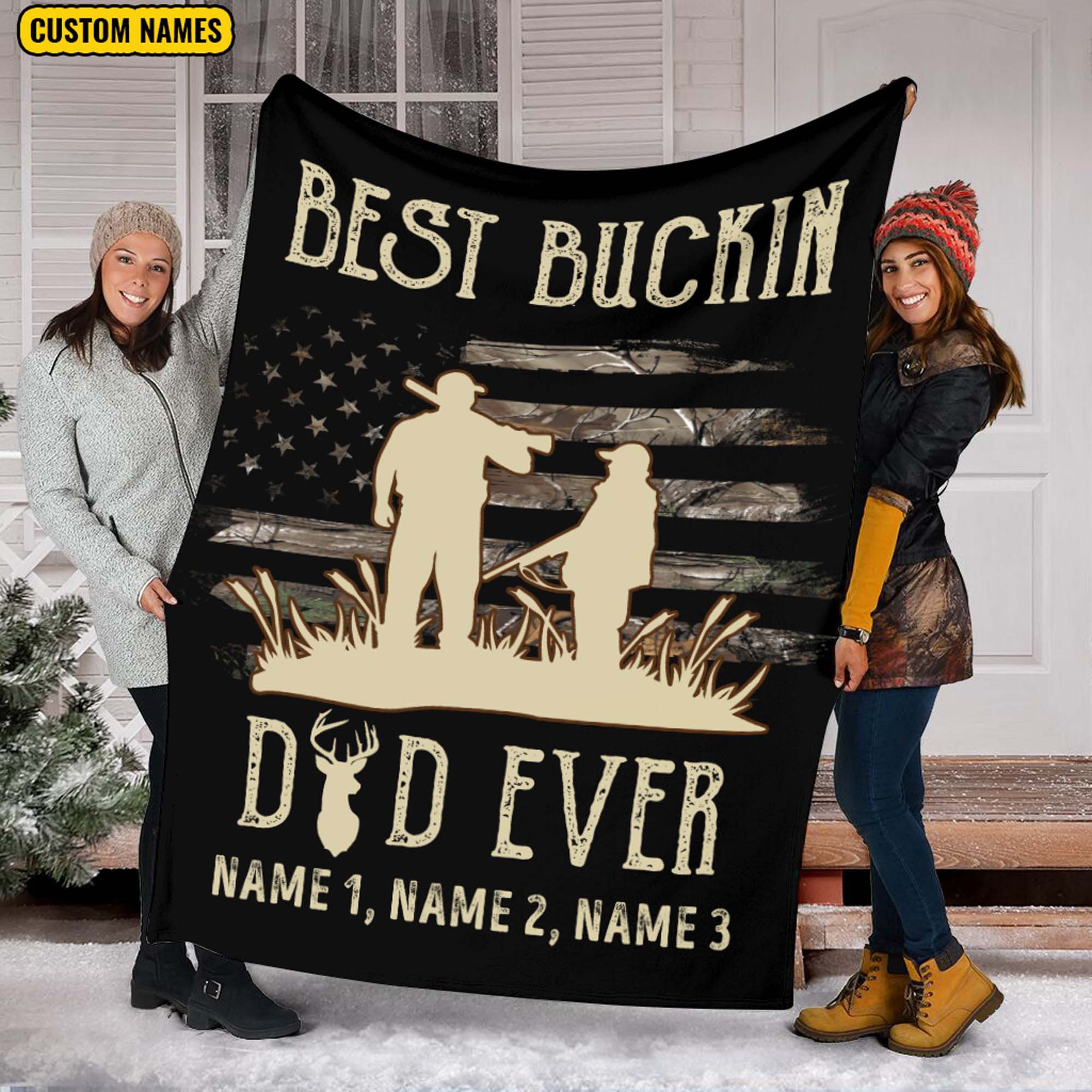 Personalized Hunting Dad Quilt Blanket, Best Buckin Dad Ever Quilt Blanket, Custom Name Quilt Blanket, Army Quilt Blanket, Gift For Him