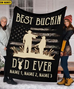 Personalized Hunting Dad Quilt Blanket, Best Buckin Dad Ever Quilt Blanket, Custom Name Quilt Blanket, Army Quilt Blanket, Gift For Him