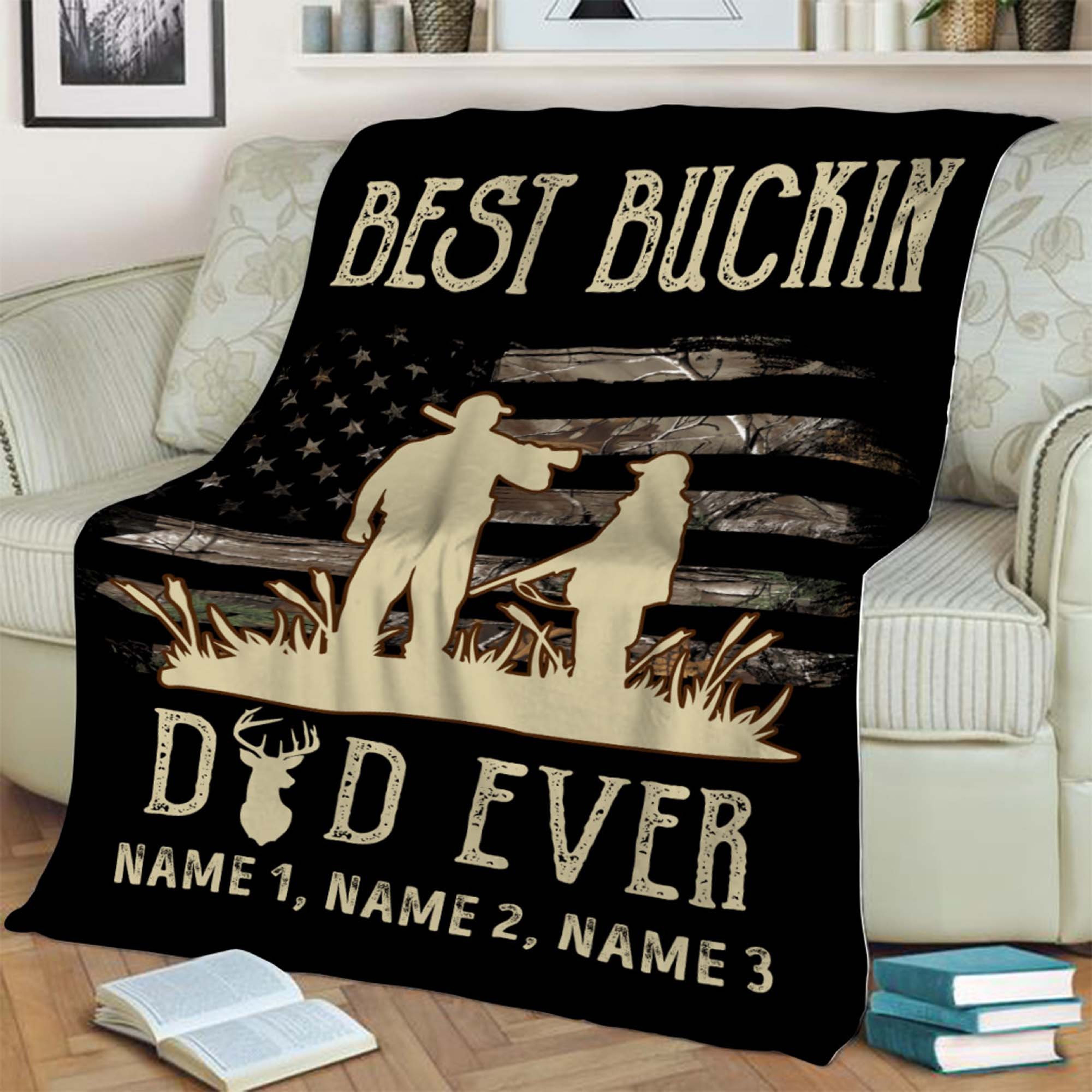 Personalized Hunting Dad Quilt Blanket, Best Buckin Dad Ever Quilt Blanket, Custom Name Quilt Blanket, Army Quilt Blanket, Gift For Him