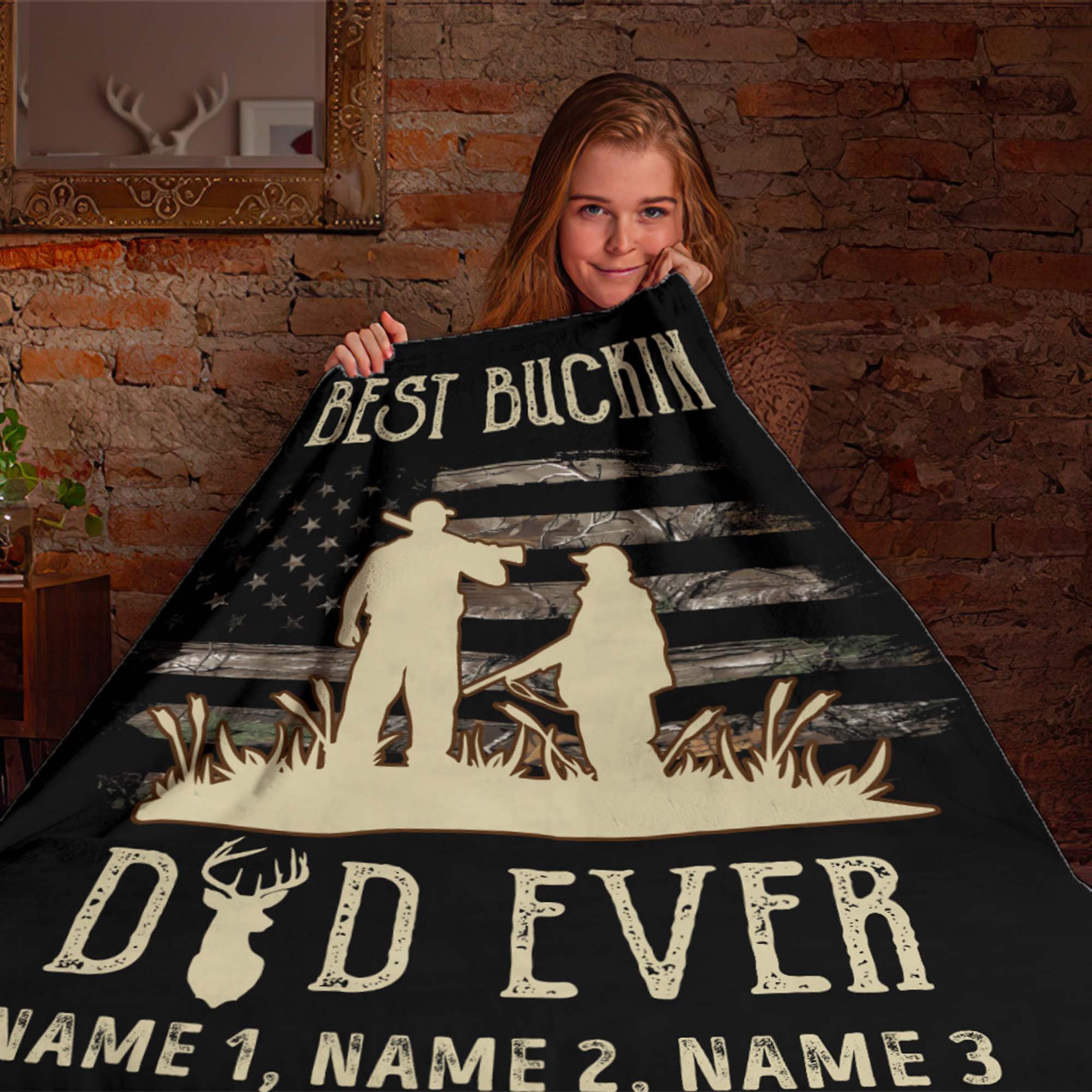 Personalized Hunting Dad Quilt Blanket, Best Buckin Dad Ever Quilt Blanket, Custom Name Quilt Blanket, Army Quilt Blanket, Gift For Him
