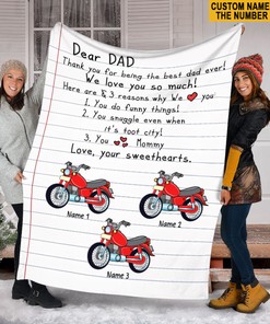 Personalized Motocross Quilt Blanket, Dear Dad Love Your Sweethearts Quilt Blanket, Quilt Blanket For Dad From Son