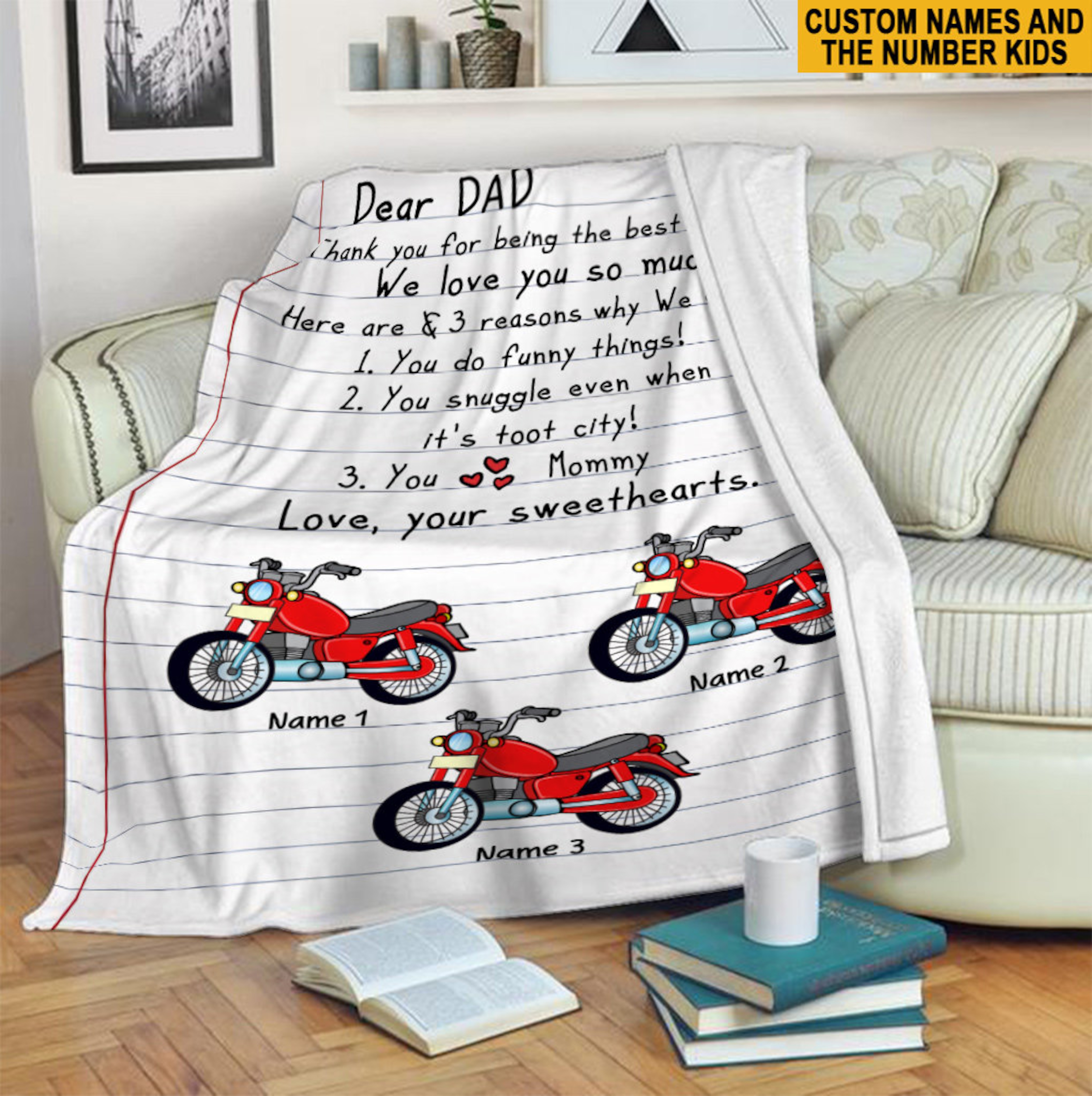 Personalized Motocross Quilt Blanket, Dear Dad Love Your Sweethearts Quilt Blanket, Quilt Blanket For Dad From Son