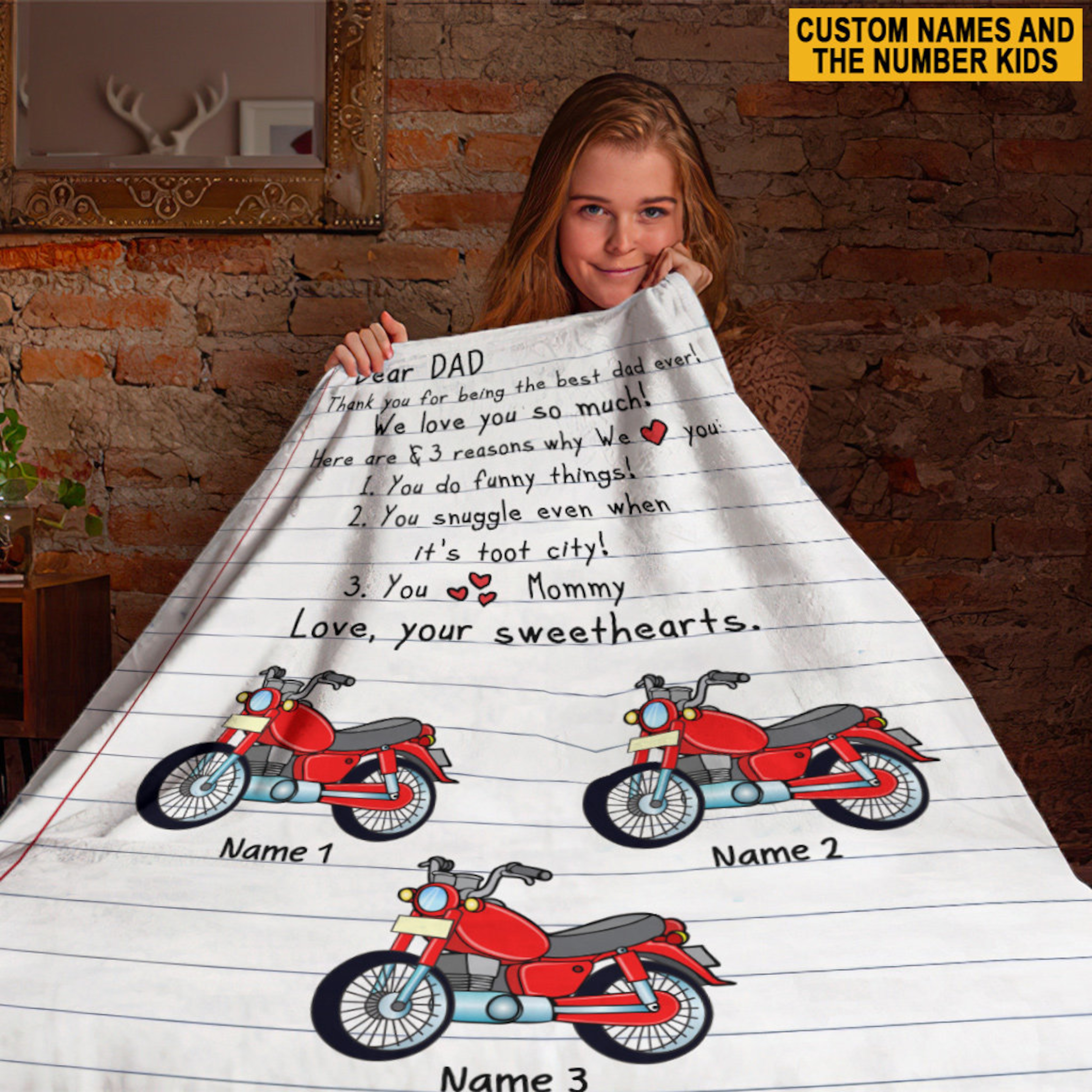 Personalized Motocross Quilt Blanket, Dear Dad Love Your Sweethearts Quilt Blanket, Quilt Blanket For Dad From Son