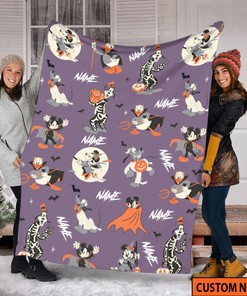 Personalized Name Mickey And Friends Halloween Blanket - Goofy Skellington Minnie Witch
