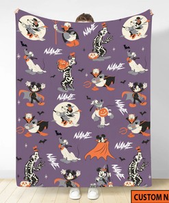 Personalized Name Mickey And Friends Halloween Blanket - Goofy Skellington Minnie Witch