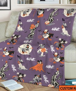 Personalized Name Mickey And Friends Halloween Blanket - Goofy Skellington Minnie Witch