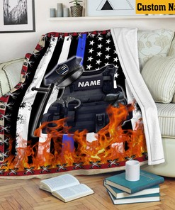 Personalized Police Officer Gift for Men or Women, Thin Blue Line Flag Quilt Blanket