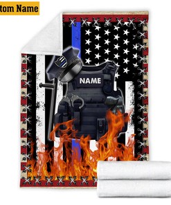 Personalized Police Officer Gift for Men or Women, Thin Blue Line Flag Quilt Blanket
