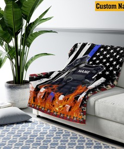 Personalized Police Officer Gift for Men or Women, Thin Blue Line Flag Quilt Blanket