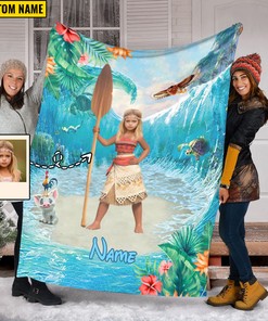 Personalized Princess Moana Quilt Blanket, Moana Fleece Design, Custom Face & Name Girl Princess Blanket, Moana And Maui Fleece