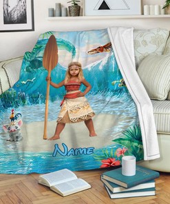 Personalized Princess Moana Quilt Blanket, Moana Fleece Design, Custom Face & Name Girl Princess Blanket, Moana And Maui Fleece