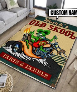 Personalized Rat Fink Hot Rod Parts and Panels Area Rug - Perfect for Garage Decor