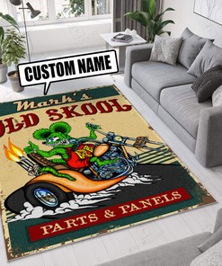 Personalized Rat Fink Hot Rod Parts and Panels Area Rug - Perfect for Garage Decor