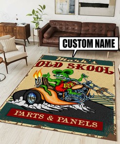 Personalized Rat Fink Hot Rod Parts and Panels Area Rug - Perfect for Garage Decor