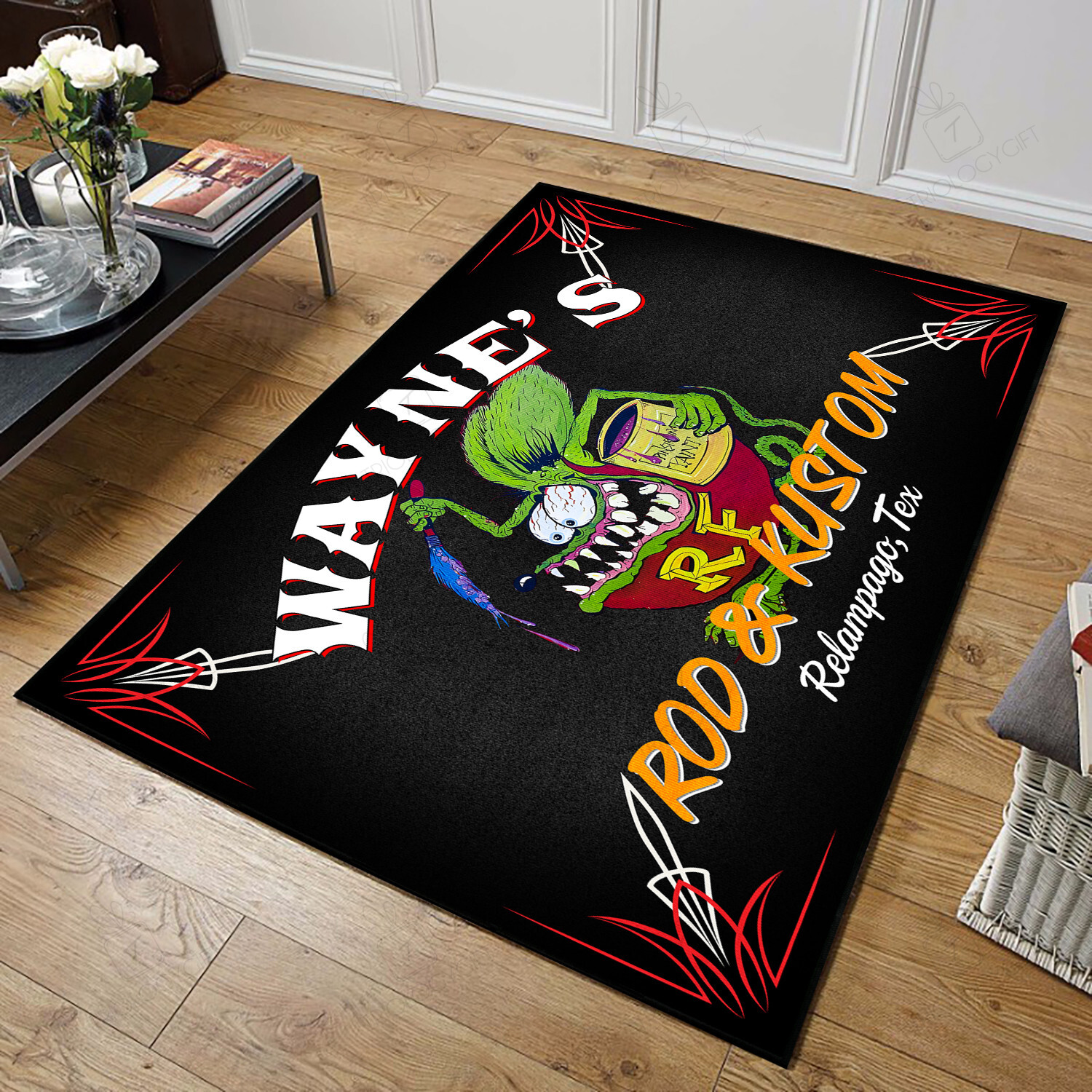 Personalized Rat Fink Rod And Kusom Hot Rod Speed Shop Area Rug Hot Rod Rug for Garage