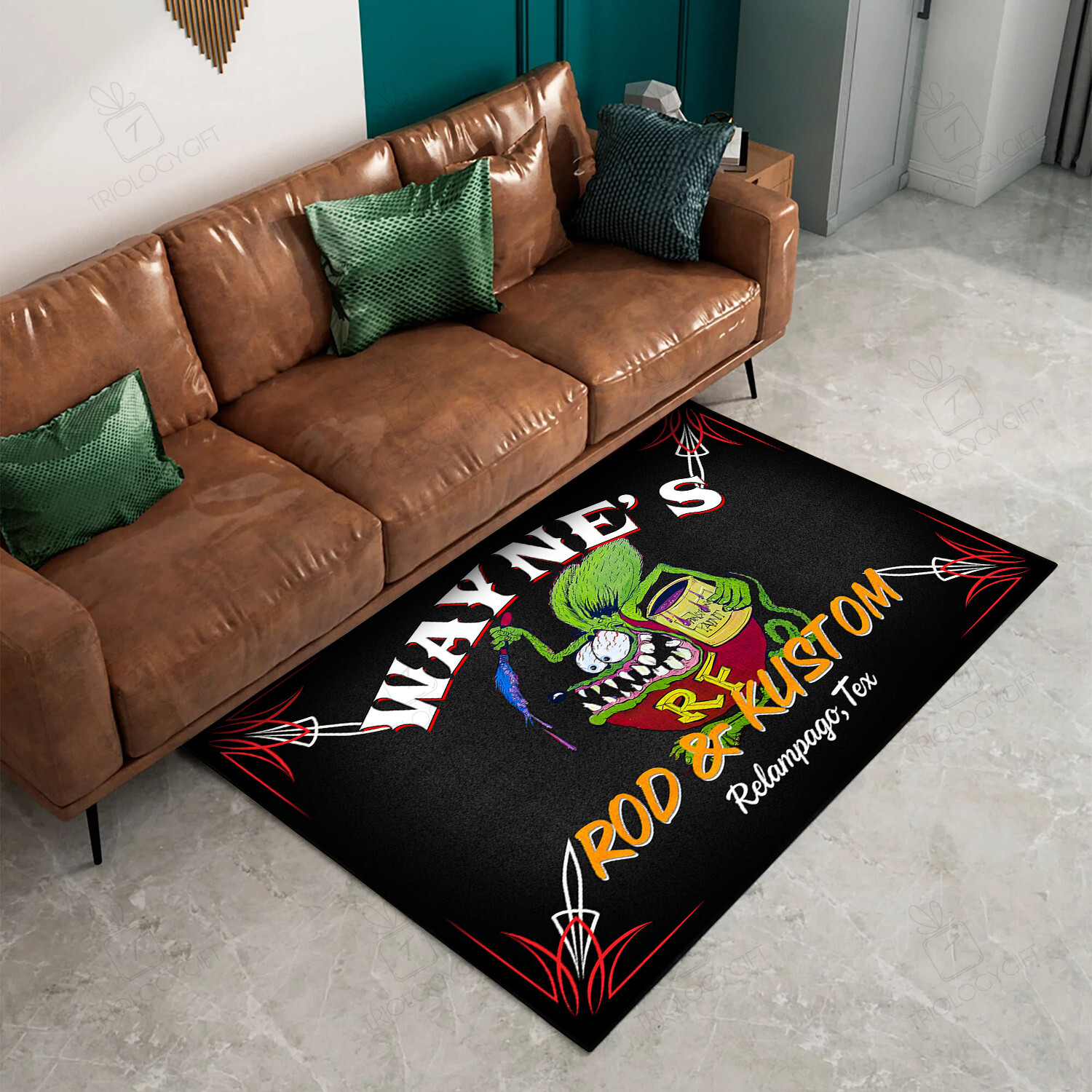 Personalized Rat Fink Rod And Kusom Hot Rod Speed Shop Area Rug Hot Rod Rug for Garage