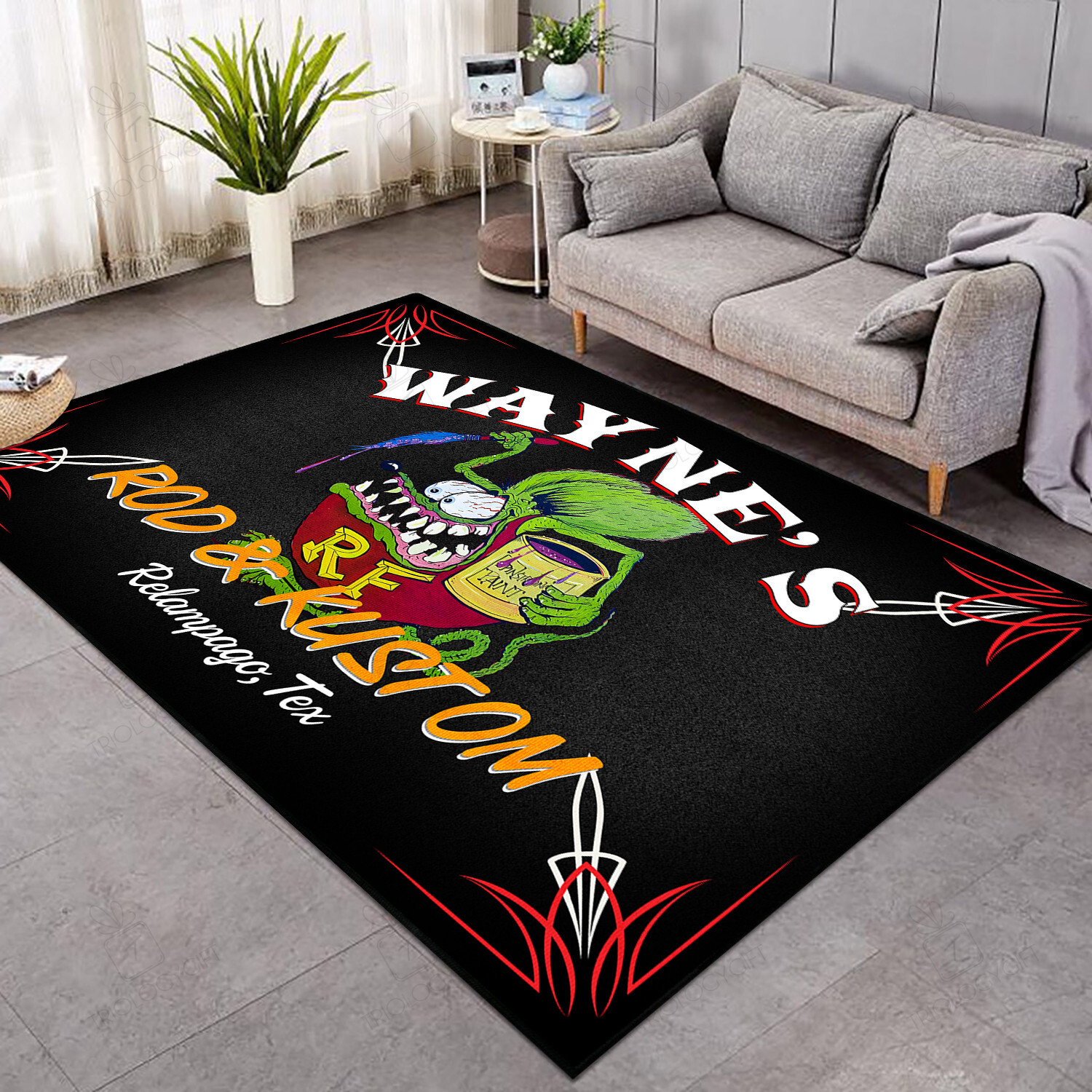 Personalized Rat Fink Rod And Kusom Hot Rod Speed Shop Area Rug Hot Rod Rug for Garage