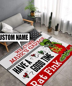 Personalized Rat Fink Welcome To Garage Rug Hot Rod Rug for Garage