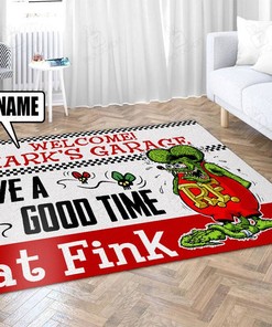 Personalized Rat Fink Welcome To Garage Rug Hot Rod Rug for Garage