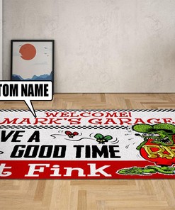 Personalized Rat Fink Welcome To Garage Rug Hot Rod Rug for Garage