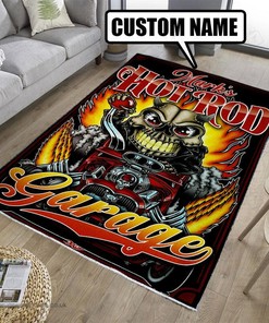 Personalized Skull Hot Rod Rug for Garage Decoration