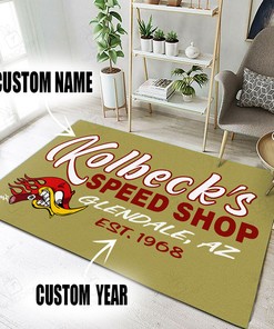 Personalized Speed Shop Hot Rod Area Rug for Garage
