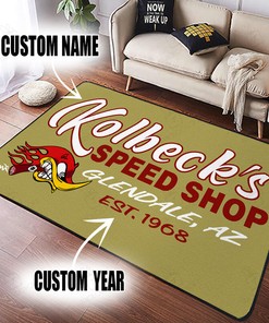 Personalized Speed Shop Hot Rod Area Rug for Garage